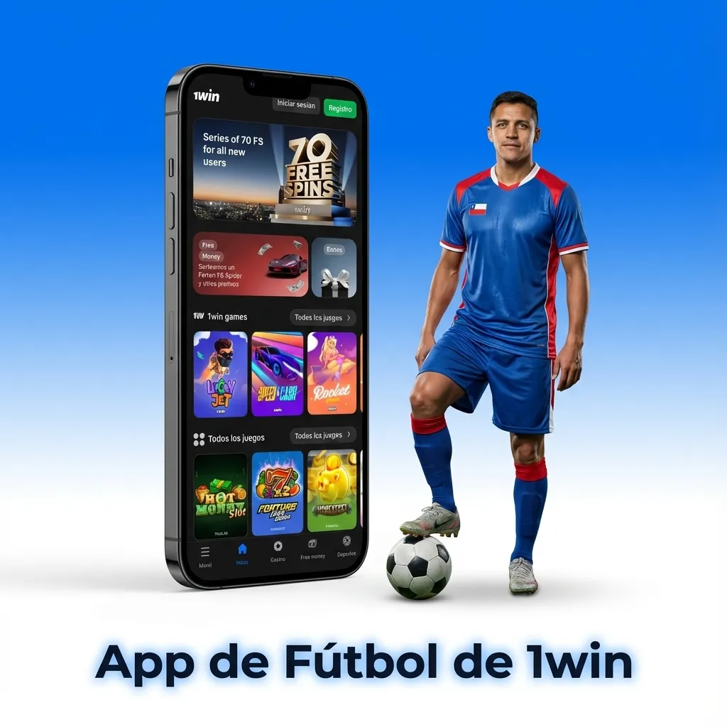 Pantalla de smartphone con la app de apuestas de fútbol 1win abierta, mostrando partidos y cuotas para usuarios de Chile