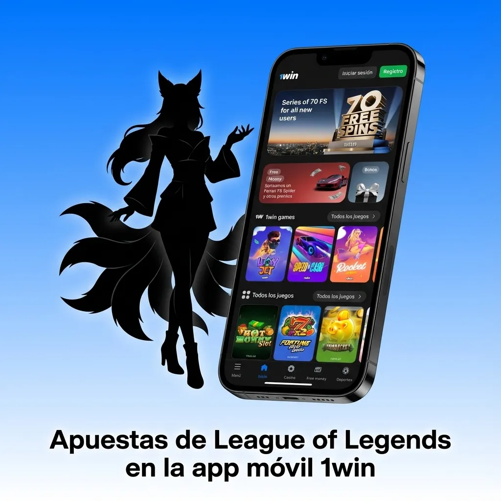 Celular con la app 1win abierta mostrando apuestas de League of Legends y torneos como Worlds en pantalla