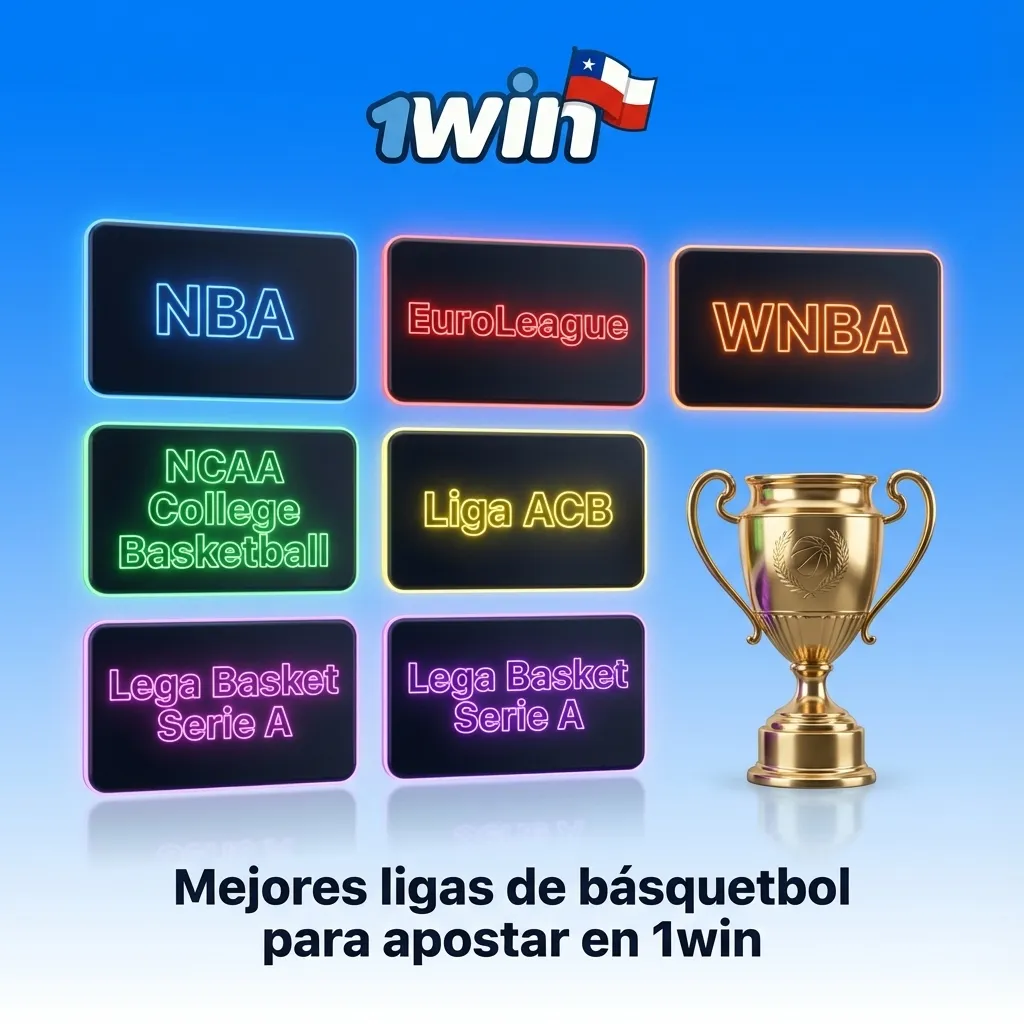 Ilustración de canchas y logos de ligas de básquetbol como NBA y Euroliga sobre fondo de apuestas en 1win