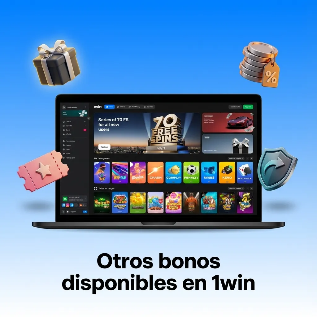 Banner de 1win mostrando varios bonos de casino y apuestas deportivas, con iconos de giros gratis, cashback y cuotas mejoradas