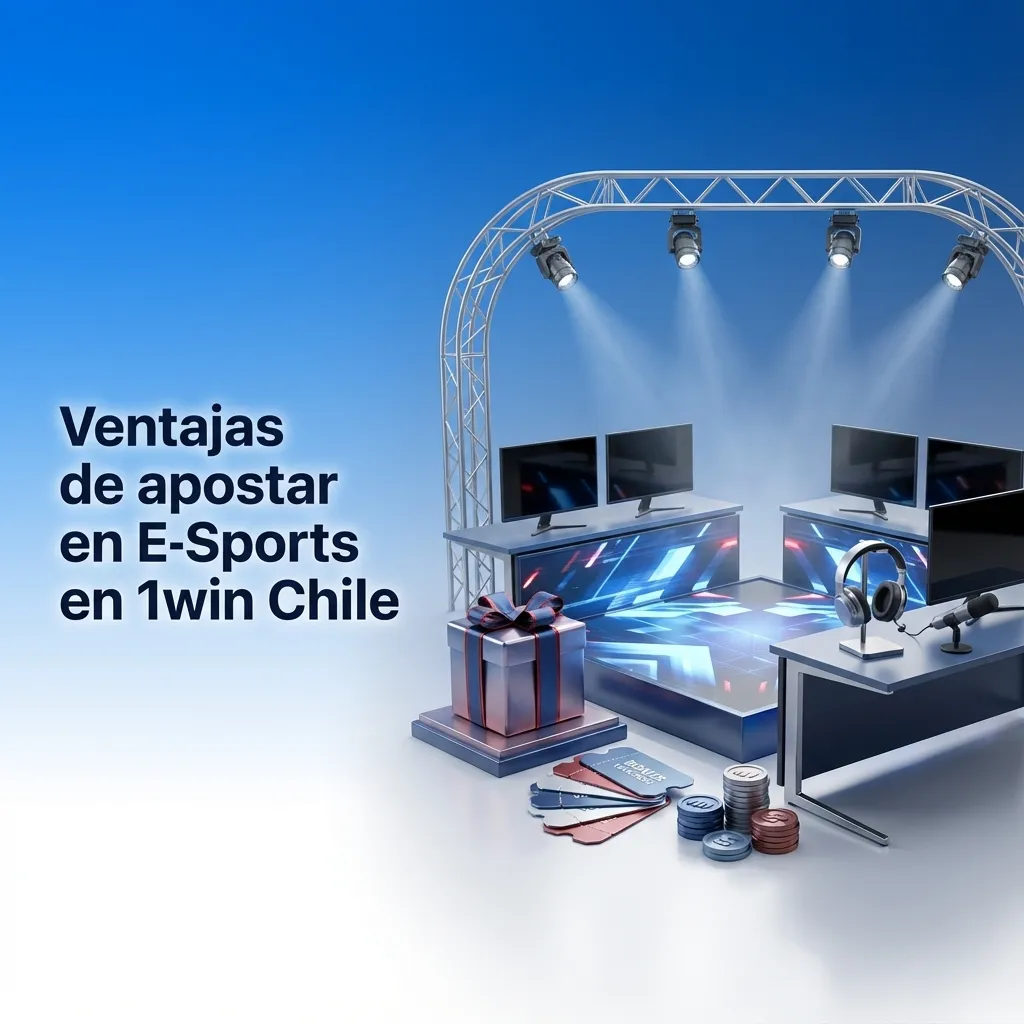 Banner de 1win Chile para apuestas en esports, con iconos de cuotas, soporte 24/7, app móvil y pagos en pesos chilenos.